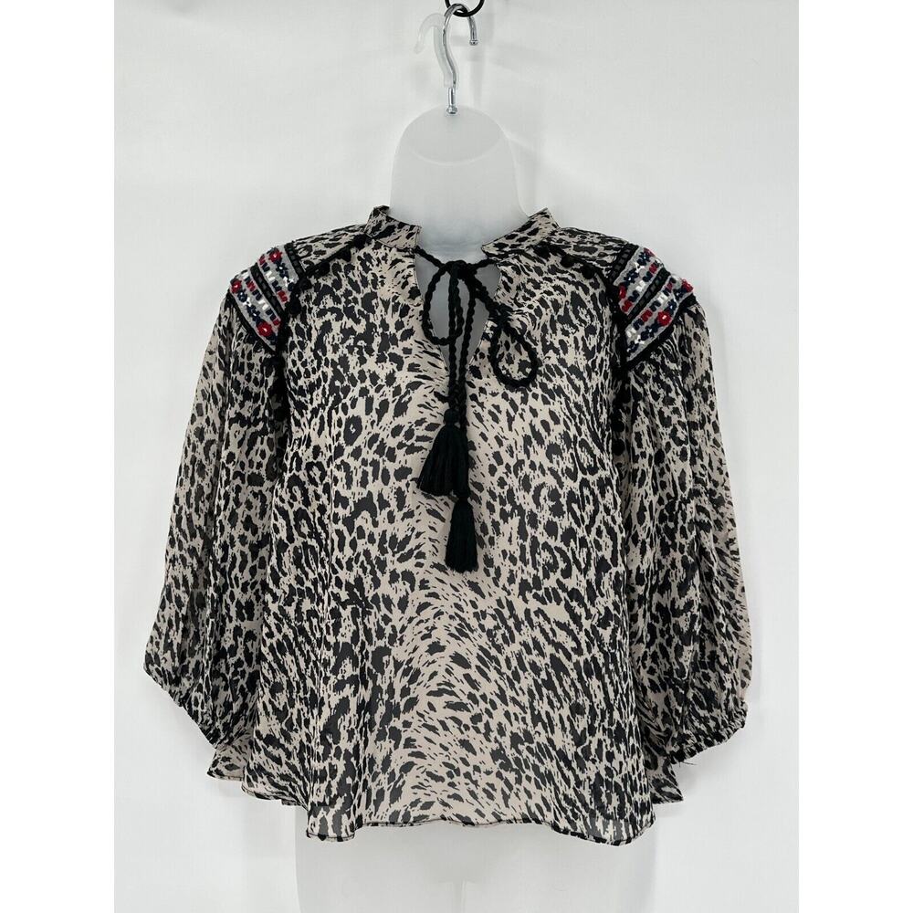 Anthro Rina Dhaka Shirt Womens XS‎ Cheetah Print Boho Embroidered Tassel Neck
